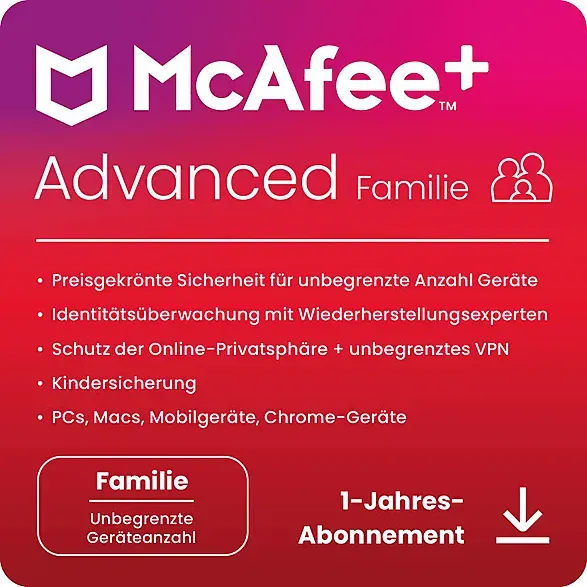 McAfee+ Advanced Familie, Antivirus und Internet-Sicherheitssoftware für eine unbegrenzte Anzahl an Geräten, 1-Jahres-Abo - [Multiplattform]