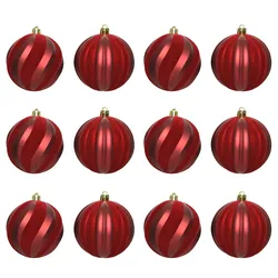12 Weihnachtskugeln 8cm Kunststoff Samt Streifen geriffelt Christbaumkugeln rot