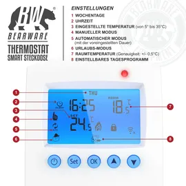 Bearware WLAN Thermostat Steckdose - Steckdosenthermostat - WiFi Smart Life, TUYA - für Heizgeräte - mit Share-Funktion - 5°-35°C