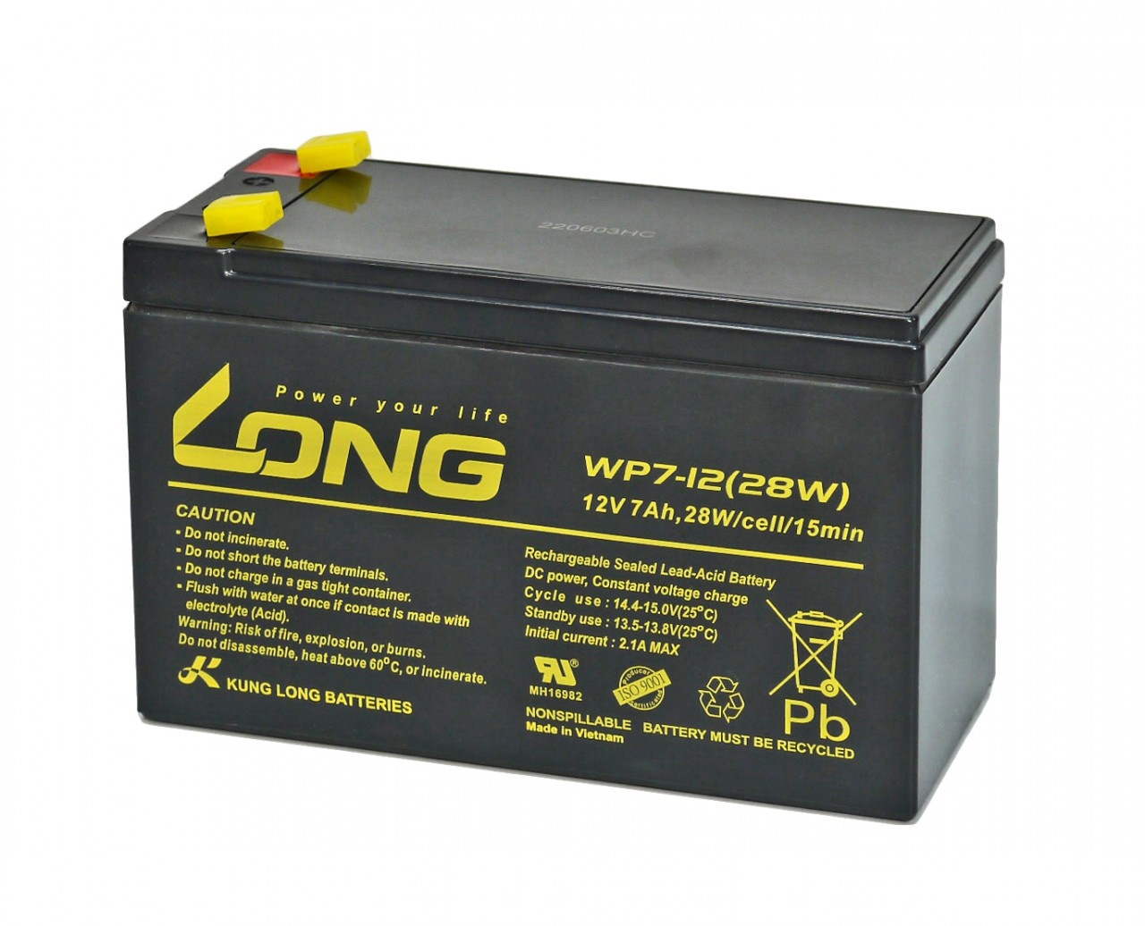 Kung Long wartungsfreier Blei-Akku WP7-12(28W) mit 4,8mm Faston Anschluss 12V/7Ah