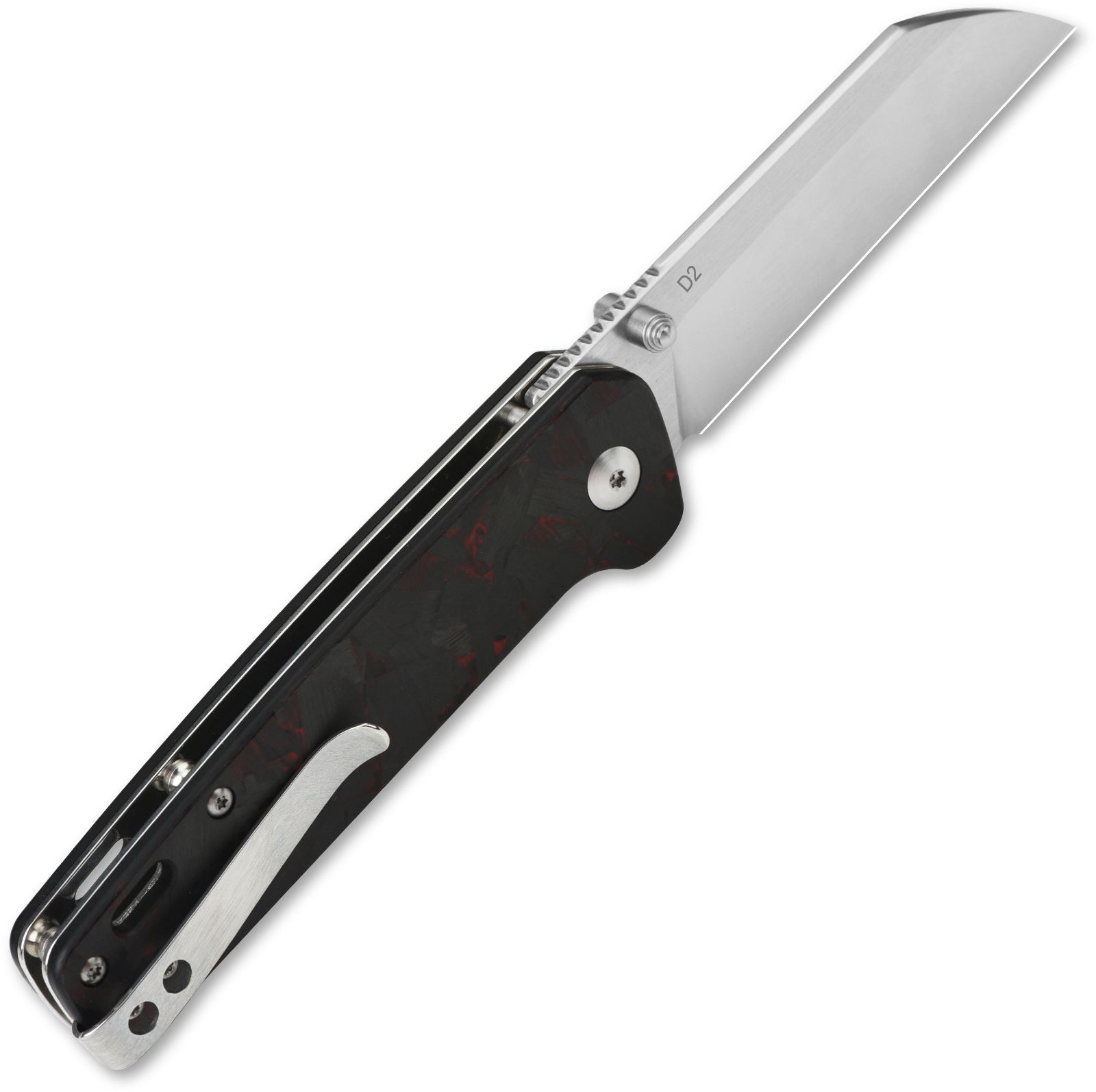 QSP Knife Penguin, Satin D2 Blade, CF Overlay G10 (Red) Handle QS130-TRD