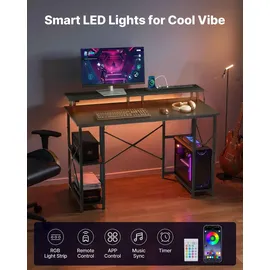 Vevor Computertisch Bürotisch Schreibtisch mit intelligenten LED-Leuchten & Steckdosen, Arbeitstisch mit Monitorständer & 2-stufigen Lagerregalen, Arbeitszimmer Wohnzimmer Homeoffice Schwarz