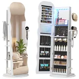 LVSOMT LED Schmuckschrank mit Gewellt Spiegel, 360° Drehbarer Schmuckschrank Abschließbar, Bogen Spiegelschrank Stehend Wohnzimmer Schlafzimmer, 3 Stufiges Regal & 3 Häkchen, Geschenke für Damen, Weiß