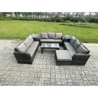 10-sitzer Polyrattan Gartenmöbel Set Patio Sofa Set Mit Couchtisch 2 Beistelltischen 2 Großer Hockern Dunkelgrau Gemischt - Fimous