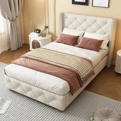 Merax Polsterbett, Massivholz Einzelbett 90x200cm mit Lattenrost und Polster-Kopfteil, beige