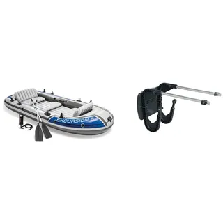 Intex Excursion 5 Set Schlauchboot - 366 x 168 x 43 cm - 4-teilig - Grau/Blau & Motor Mount Kit - Außenbordmotorbefestigung - Bis zu 3,0 PS Motoren