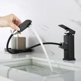 Schwarze Waschtischarmatur Mit Ausziehbarer Brause – Edelstahl – Einlochmontage – Inklusive Warm- Und Kaltwasserschläuchen