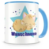 Samunshi® Kindertasse mit Namen Tasse Schlafende Katze Personalisierte Tasse mit Namen Kinder Kinderbecher mit Namen Kindergarten blau 300ml