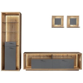 MCA Furniture Mid.you Wohnwand »Lizzano«, (Set, 4 St.), im modernen Landhausstil mit 3-D Rückwand, wahlweise mit Beleuchtung Grau, Eichefarben , 286x209x40 cm