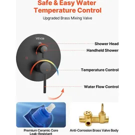 Vevor Duscharmatur Regenduschsystem fürs Badezimmer Duschsystem mit 254 mm runden Regenduschkopf & Handbrause, wandmontierte Badezimmerarmaturen mit Messingventil & Zierset, Mattschwarz