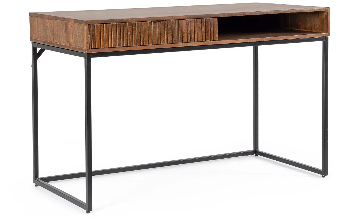 Schreibtisch Tadita aus Mangoholz, modernes Design, braun, 120 cm, Metallgestell, mit Schublade