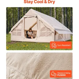 Vevor Aufblasbare Zelte für Camping 4x3x2 m, 5–8 Personen, 300D Oxford Glamping-Zelt mit Ofenanschluss, Handpumpe 2 Türen & 4 Netzfenstern, inkl. Aufbewahrungstasche für einfachen Transport