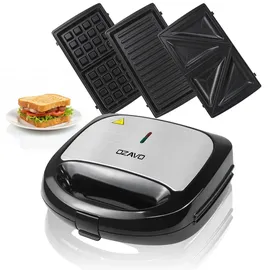 OZAVO Sandwichmaker 3-in-1 Sandwichmaker - Sandwiches, Waffeln, und Paninis, Antihaftbeschichtete, austauschbare Platten, 750W