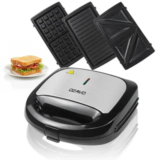 OZAVO Sandwichmaker 3 in 1, Waffeln Paninitoaster, 3 abnehmbare Grillplatten, Tisch-Grill für Toast, Waffeln, Fleisch, Schwarz, 750W