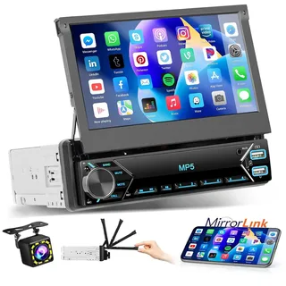 Hikity Autoradio 1Din mit Ausfahrbarem Bildschirm,7Zoll Manuell Einziehbarer Display 1 Din Radio mit Bluetooth Freisprecheinrichtung FM Type-C 2USB AUX Mirror Link SWC Rückfahrkamera