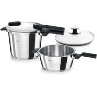 Fissler Vitaquick / Schnellkochtopf-Set, 3-teilig (2 Schnellkochtöpfe mit Metalldeckel 3,5 L + 6 Liter ,1 Zusatz-Glasdeckel) – Induktion