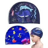 BPTRKOM 2 Stück Niedliche Badekappen für Kinder – Karikatur-Druck & Elastisches Polyester | Perfekt für Jungen & Mädchen im Alter von 1-8 Jahren | Spaß & Sicherheit beim Schwimmen(blau)