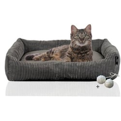 Rohrschneider ® Katzenbett waschbar mit Gratis-Beigabe, robuster Breit-Cordstoff grau