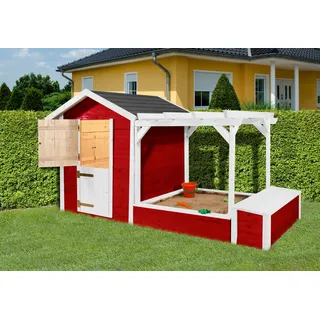 Weka Spielhaus rot mit Pergola und Sandkasten