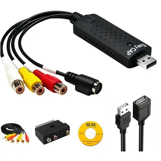 USB 2.0 Audio Video Grabber, VHS Digitalisieren Konverter, Videokassetten Digitalisieren Gerät für PC & Mac, Analog zu Digital Umwandler für VHS/DVD/VCR, Unterstützt Windows 11/10/8/7