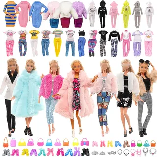FCXQG 48 Pcs Puppen Zubehör Barby Kleidung Set Barby Kleidung Original 1 Mantel 1 Plüschoberteil 1 Pullover 1 Plüschjacke 8 Röcke 3 Oberteile 3 Hosen 10 Schuhe 10 Schmuck-Accessoires 10 Taschen