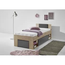 RELITA Stauraumbett 90x200cm, 2 Schubladen, Nako auf Rollen, Kopfteil m. Kunstleder schwarz, Artisan-Graphit