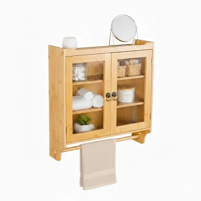 Relaxdays Bambus Hängeschrank mit Handtuchhalter Hellbraun,Transparent