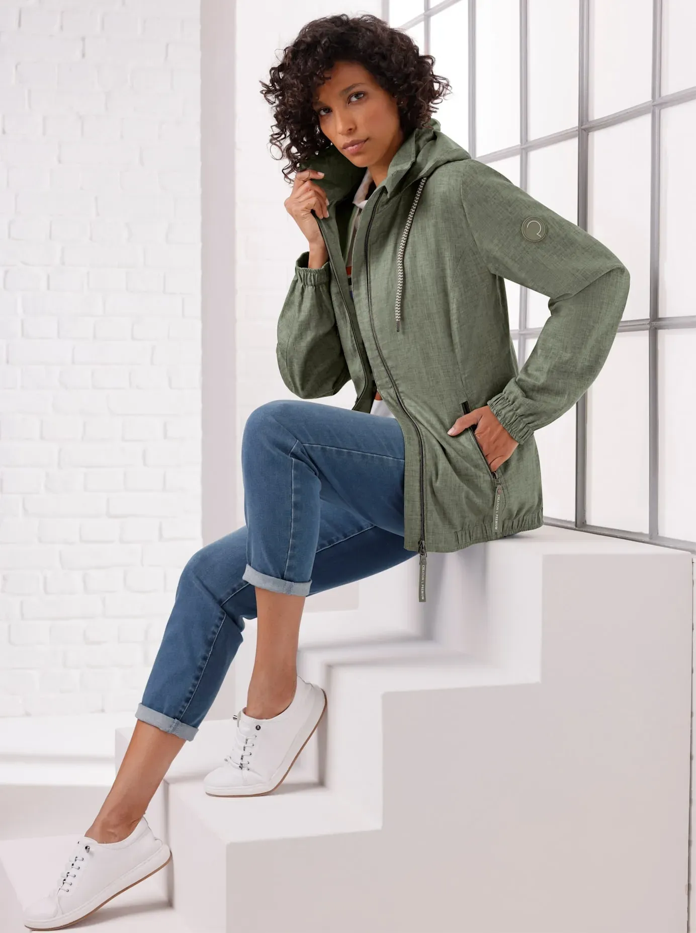 Anorak CREATION L PREMIUM, Damen, Gr. 50, grün (khaki, meliert), 70% Viskose, 30% Leinen, unifarben, Jacken