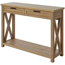 Konsolentisch JAHNKE "Chalet", braun (montana eiche, montana eiche, montana eiche), B:110cm H:77,2cm T:34cm, Tische, Konsolentisch mit 2 Schubladen und Ablage, Landhausstil, X-Design