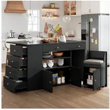 STILVORA Küchenwagen Küchenschrank mit arbeitsplatte Anrichte küche mit Schubladen&Hockern, (Kücheninsel– mit 6 Schubladen, 1 St., 140*40(70)*89cm) schwarz