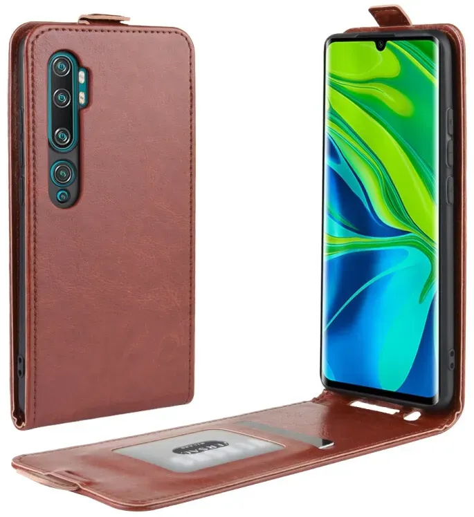 Flip Case Handyhülle für Xiaomi Mi Note 10 Vertikal Schutzhülle Tasche Cover Braun Bumper Smartphone Kartensteckplatz-Kreditkarte-Geldscheine EC-Karte Bank-Karte