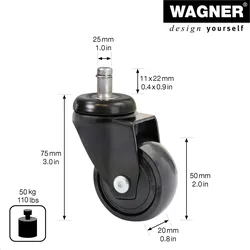 WAGNER 360° - 3C Design-Lenkrolle - Ø 50 mm, soft, Kugellager, Steckstift 11x22 mm, schwarz, Tragkraft 50 kg- 01225261