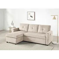 Atlantic Home Collection Schlafsofa "Gustavo L-Form, B: 199 cm", beige (creme, weiß), B:199cm H:82cm T:127cm, 100% PES, ATLANTIC HOME COLLECTION, Sofas, Schlafsofa, mit Bettfunktion, Bettkasten & seitlichen Taschen