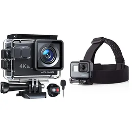 WOLFANG GA100 Action Cam 4K 20MP Unterwasserkamera & Amazon Basics Kopfgurt für GoPro Actionkamera, Schwarz