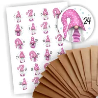 Adventskalender zum Befüllen 24 braune Geschenktüten Kraftpapiertüten + 24 weihnachtliche Aufkleber Papiertüte DIY Wichtel rosa Mütze