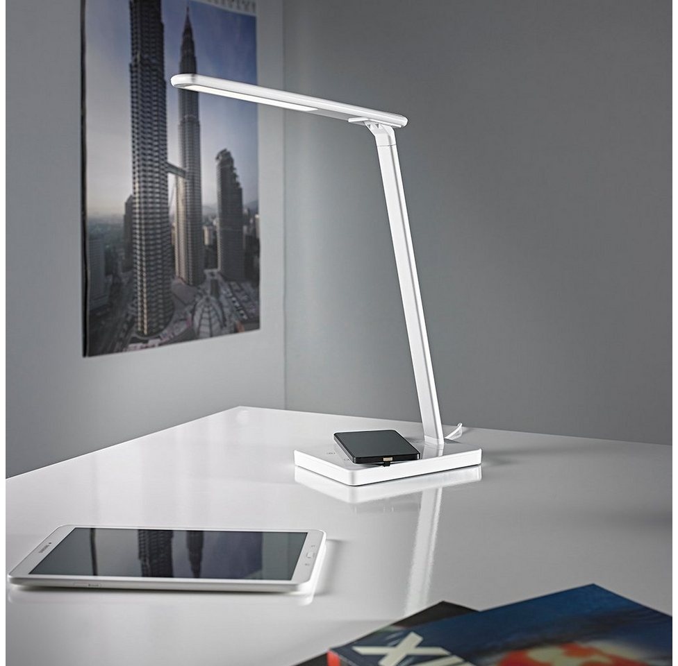 MeLiTec Tischleuchte LED QI Schreibtischlampe T95-1, LED fest integriert, warmweiß, neutralweiß, kaltweiß, mit QI Ladefläche zum induktionsbasierten Laden von Smartphones weiß