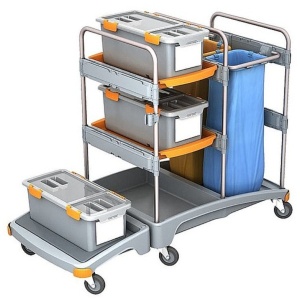 Cleankeeper Systemwagen II - 4, 3 Moppboxen (59,5x27,5x24), 2 Schalen (60x40,5x5), 1 Abfallsack 70l - blau, 1 Abfallsack 70l orange