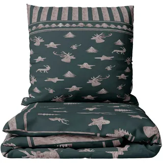Leonado Vicenti Bettwäsche 135x200 cm Thermofleece Dunkelgrün Grau Streifen Tannenbaum Winterdesign 4 teilig