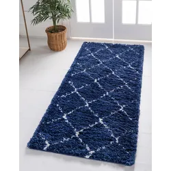 Hochflor-Läufer "Temara Shag Lagerräumung", blau (marineblau, elfenbeinfarben), B:79cm H:51mm L:305cm, Polypropylen (PP), MYFLAIR MÖBEL & ACCESSOIRES, Teppiche, Teppich-Läufer, gewebt, Rauten Design, weich & kuschelig
