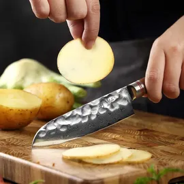 Wakoli Nussbaum Damast Kleines Santokumesser I 12 cm Klinge I Nussbaumholzgriff