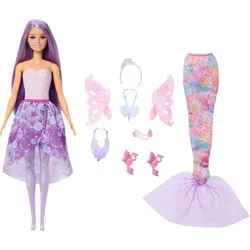 Barbie-Puppe Fantasie-Modeset mit Accessoires inklusive Meerjungfrauen-Schwanzflosse, Feenflügeln und Ketten