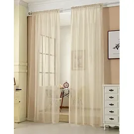 Woltu 2er Set Gardinen, Vorhänge für Wohnzimmer Kinderzimmer Schlafzimmer, mit Kräuselband, Leinenoptik, Halbtransparent Voile, 140 x 175 cm, Sand