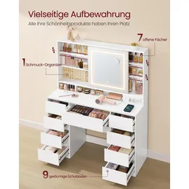 VASAGLE Schminktisch, mit Ladestation, 9 Schubladen, 10x Vergrößerungsspiegel, werkzeuglose Gleitschienen,