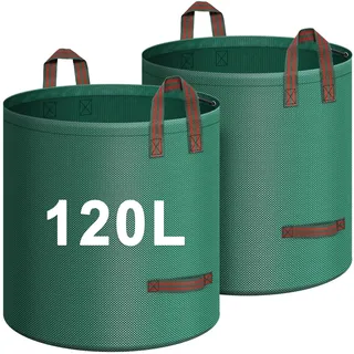 IWTTWY Gartenabfallsack 2x 120L, Wiederverwendbar Gartensack mit 4 Griffe Stabil Robust & Faltbar, Garten Sack Laubsack, Groß Abfallsack für Gras Laub Hecke Gartenabfall aus Polypropylen