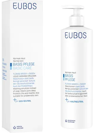 Eubos Basispflege Flüssig Wasch- Dusch- Und Badeemulsion Blau Parfümfrei Dosierspender 400ml