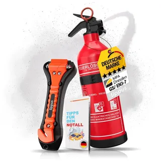 lippus Pulver-Feuerlöscher Feuerlöscher Auto 1kg + Nothammer Auto mit Gurtschneider +NOTFALLKARTE, Pulver, (3-St) Feuerlöscher mit Nothammer und Notfallkarte