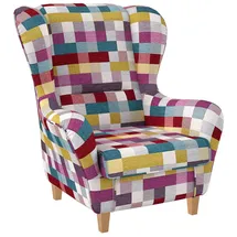 Supellex Sofia Ohrensessel mit Hocker Design Patchwork kariert bunt