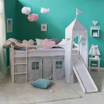 Homestyle4u Hochbett mit Stoffvorhang und Turm weiß/grau