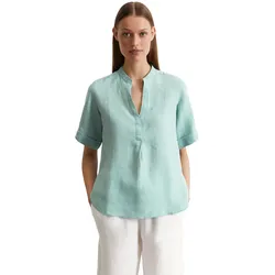 Kurzarmbluse MARC O'POLO, Damen, Gr. 36, pure teal, Web, Obermaterial: 100% Leinen, modisch, regular fit, V-Ausschnitt, Halbarm Umschlagbund, Blusen, reiner Leinen, Rückenpasse mit gerafftem Faltendetail, leicht, luftig