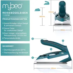 MyBeo Travel Reisebügeleisen, 1100 Watt Bügeleisen mit Dampf und Edelstahl Gleitsohle